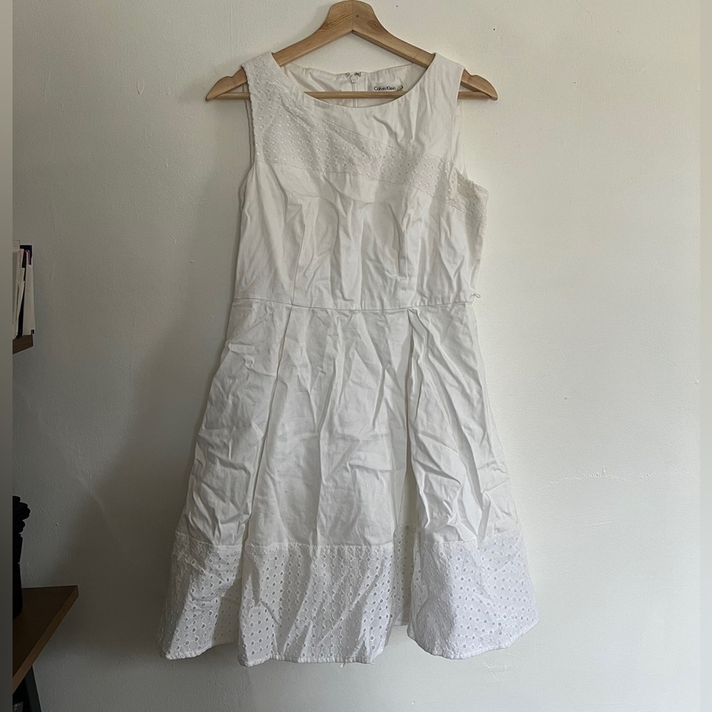 Calvin Klein White Porcelain Eyelet Trim Cotton Fit Flare knee length dress 10P